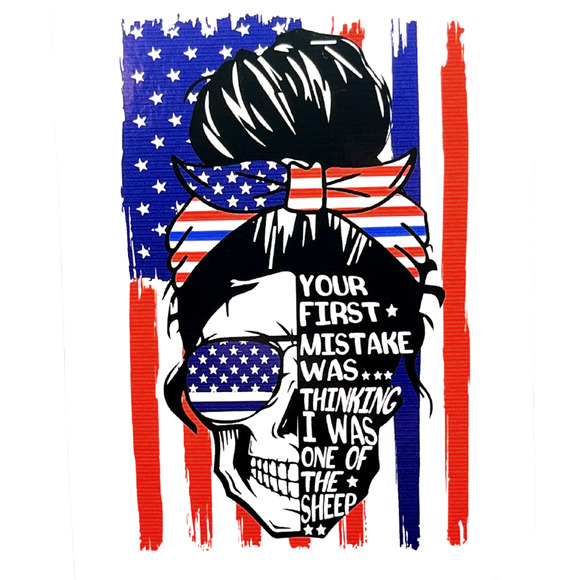SKULL AMERICAN FLAG RED WHITE BLUE FEMALE SKULL STICKER DECAL USA MADE - Picture 1 of 4
